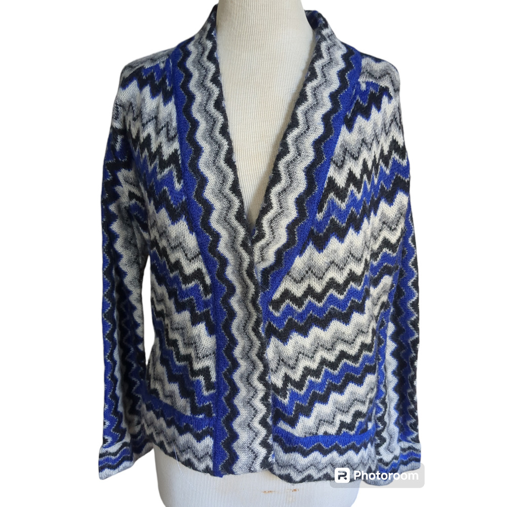 Size 2 Chico's wool mohair blue black zigzag one button women's Jacket #12